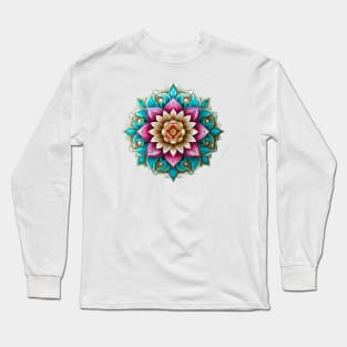 Blossoming Enlightenment, Serene Lotus Mandala in Pink, Teal, and Mint Long Sleeve T-Shirt